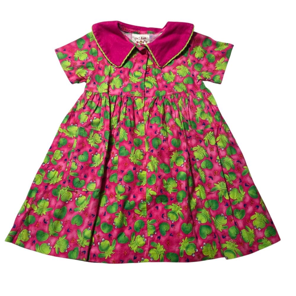 Vintage Chicken Noodle Frog Dress Girls 4T Pink USA Cotton Cottagecore